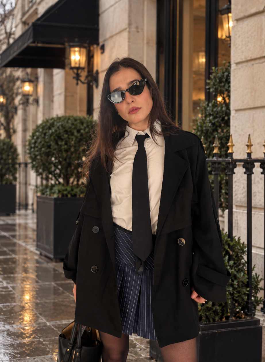 Trench Noir Mi-Long avec ceinture