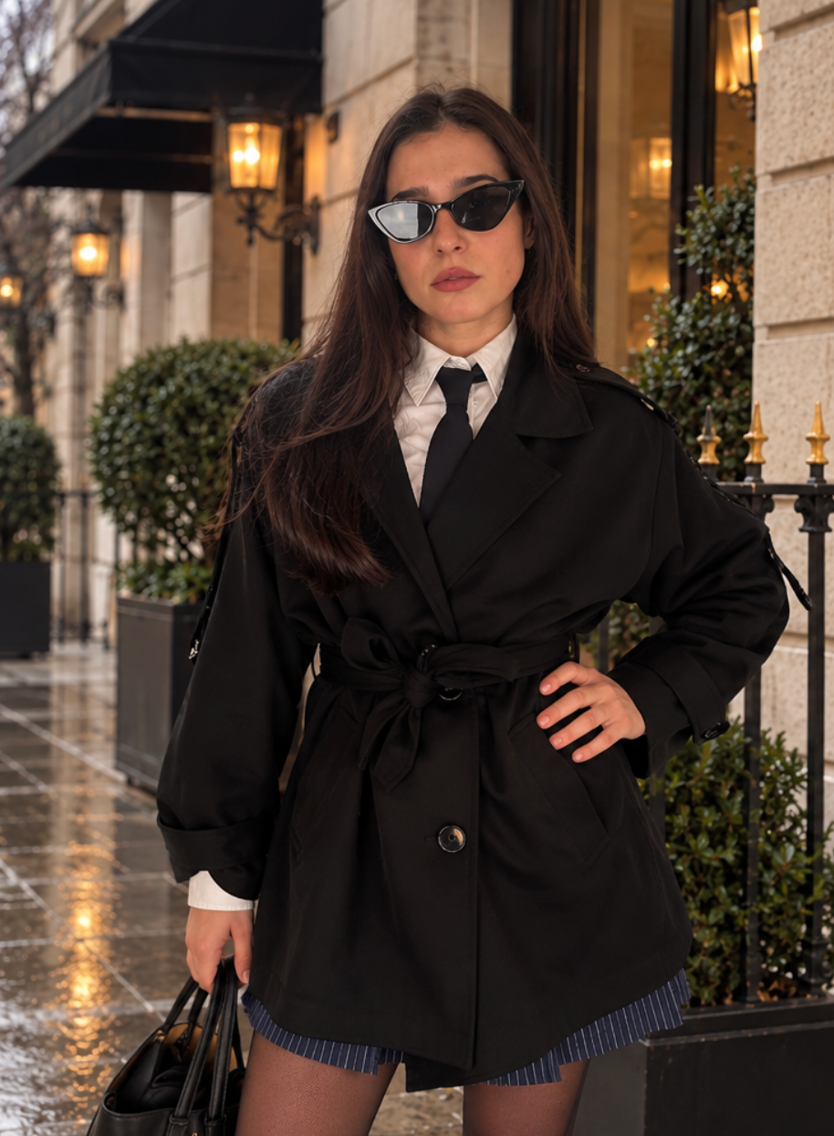 Trench Noir Mi-Long avec ceinture
