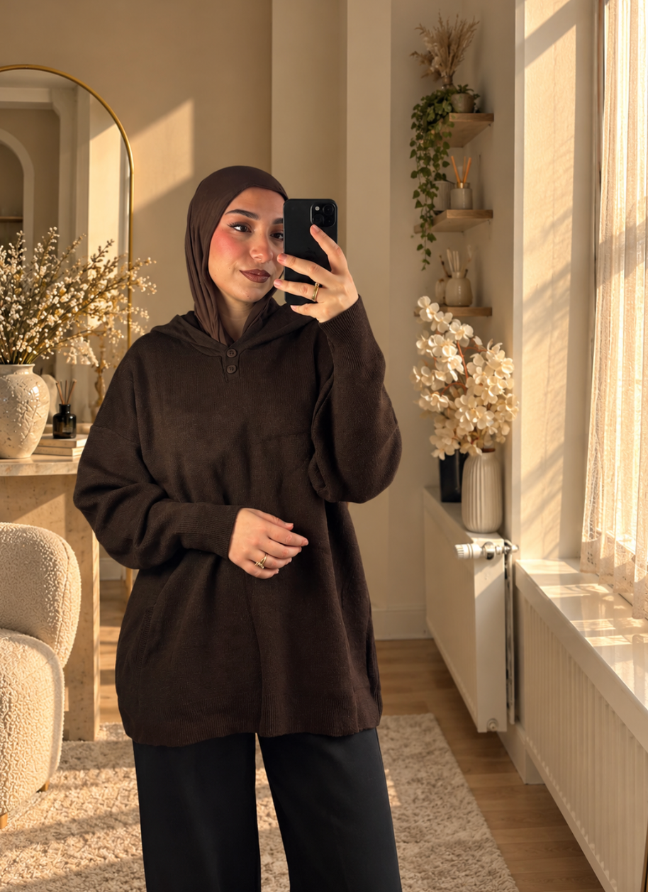 Pull Long à Capuche Marron
