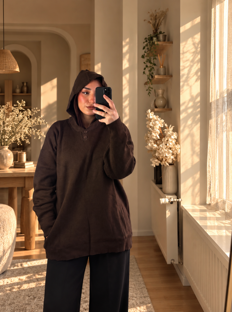 Pull Long à Capuche Marron