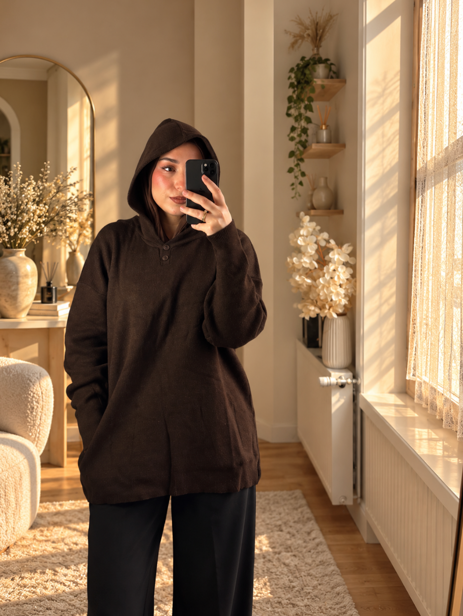 Pull Long à Capuche Marron