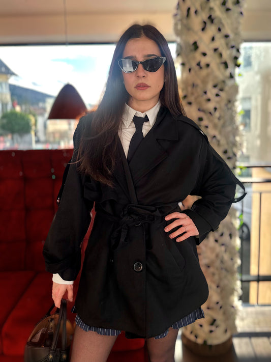 Trench Noir Mi-Long avec ceinture