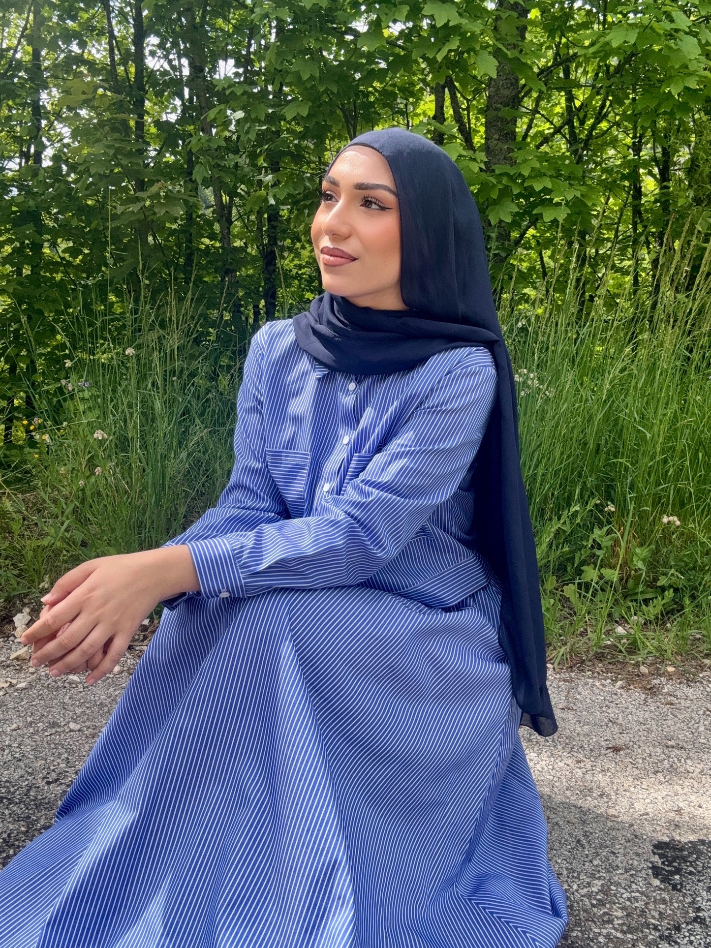 Ensemble jupe et chemise à rayures bleues