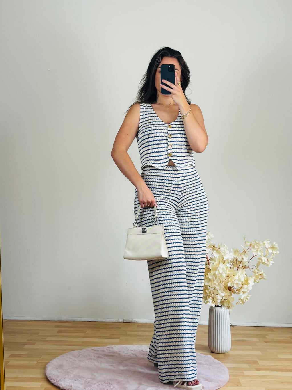 Ensemble Maille Rayé Bleu Marine Femme – 100% Viscose Taille Unique
