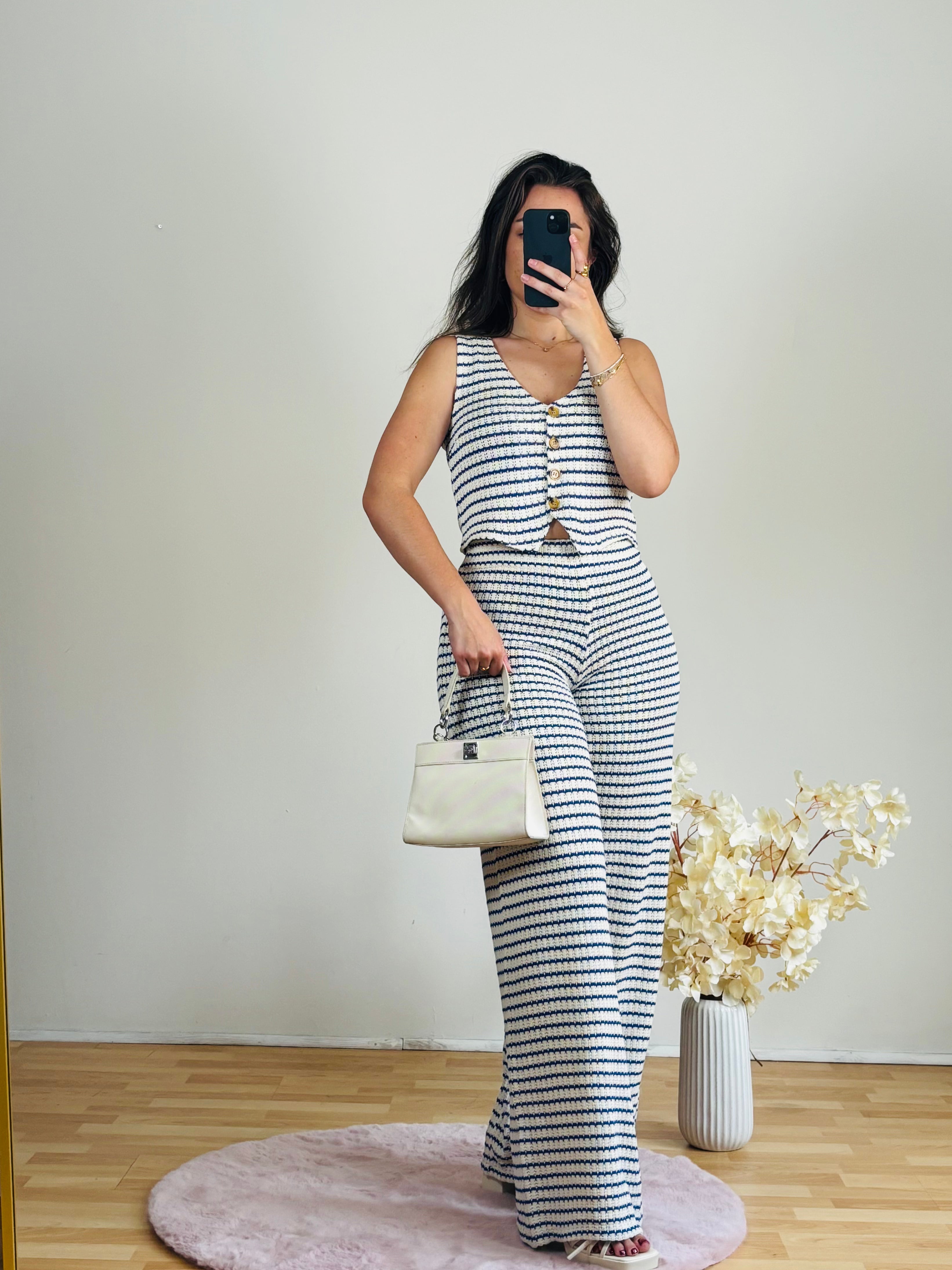 Ensemble Maille Rayé Bleu Marine Femme – 100% Viscose Taille Unique