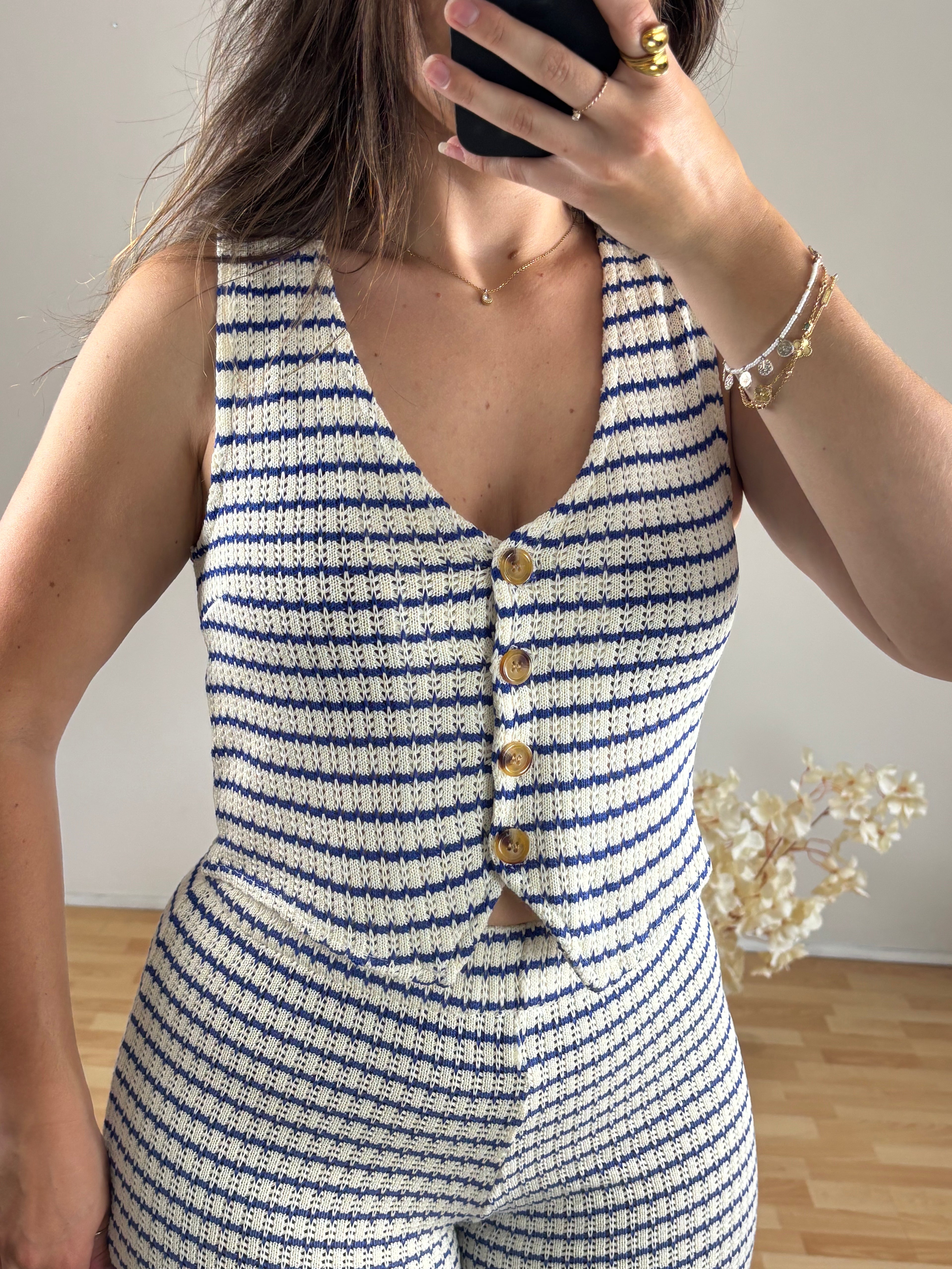 Ensemble Maille Rayé Bleu Marine Femme – 100% Viscose Taille Unique