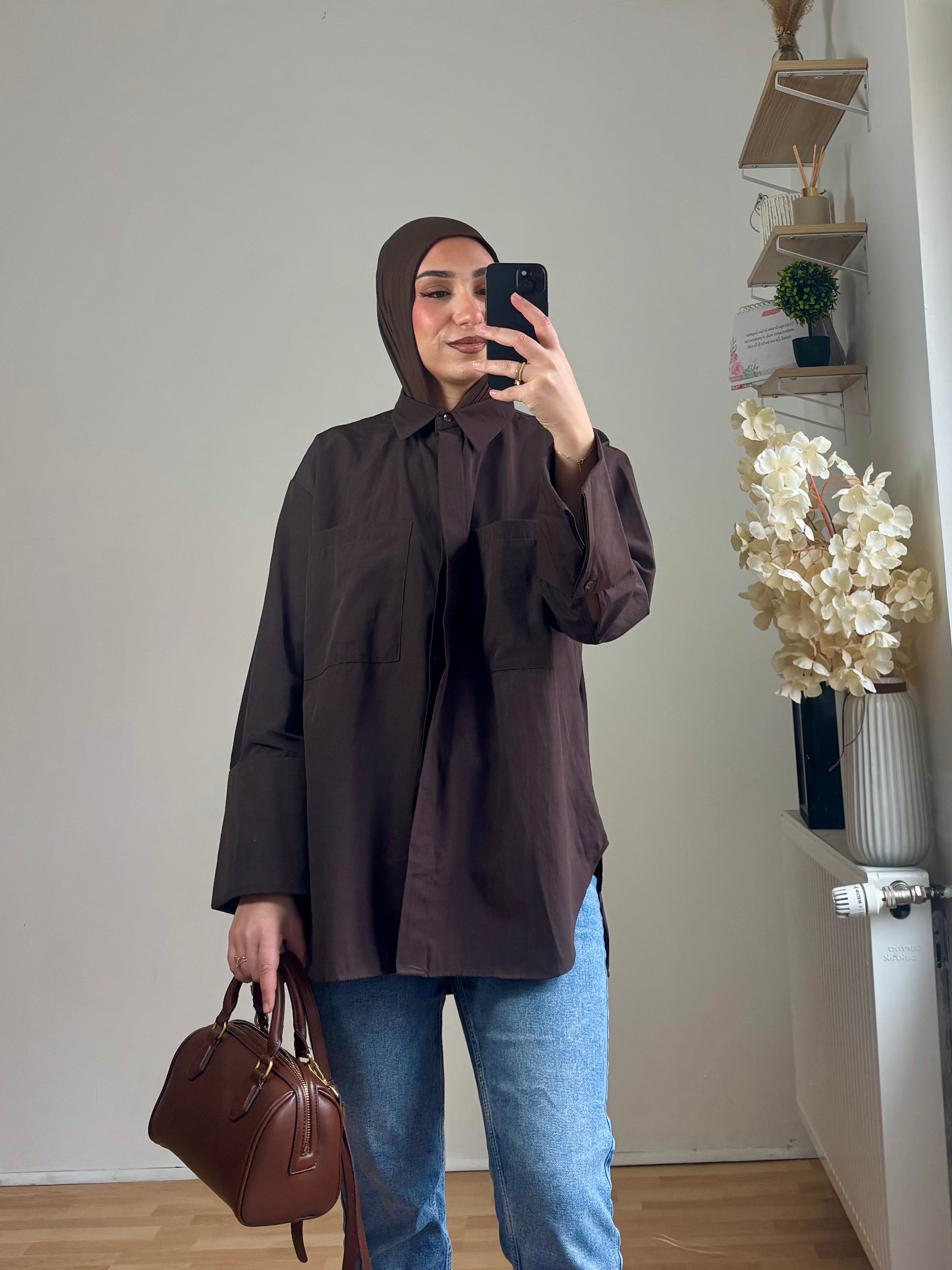Chemise Oversize Marron – Coupe Longue | 70% Coton | Aylora