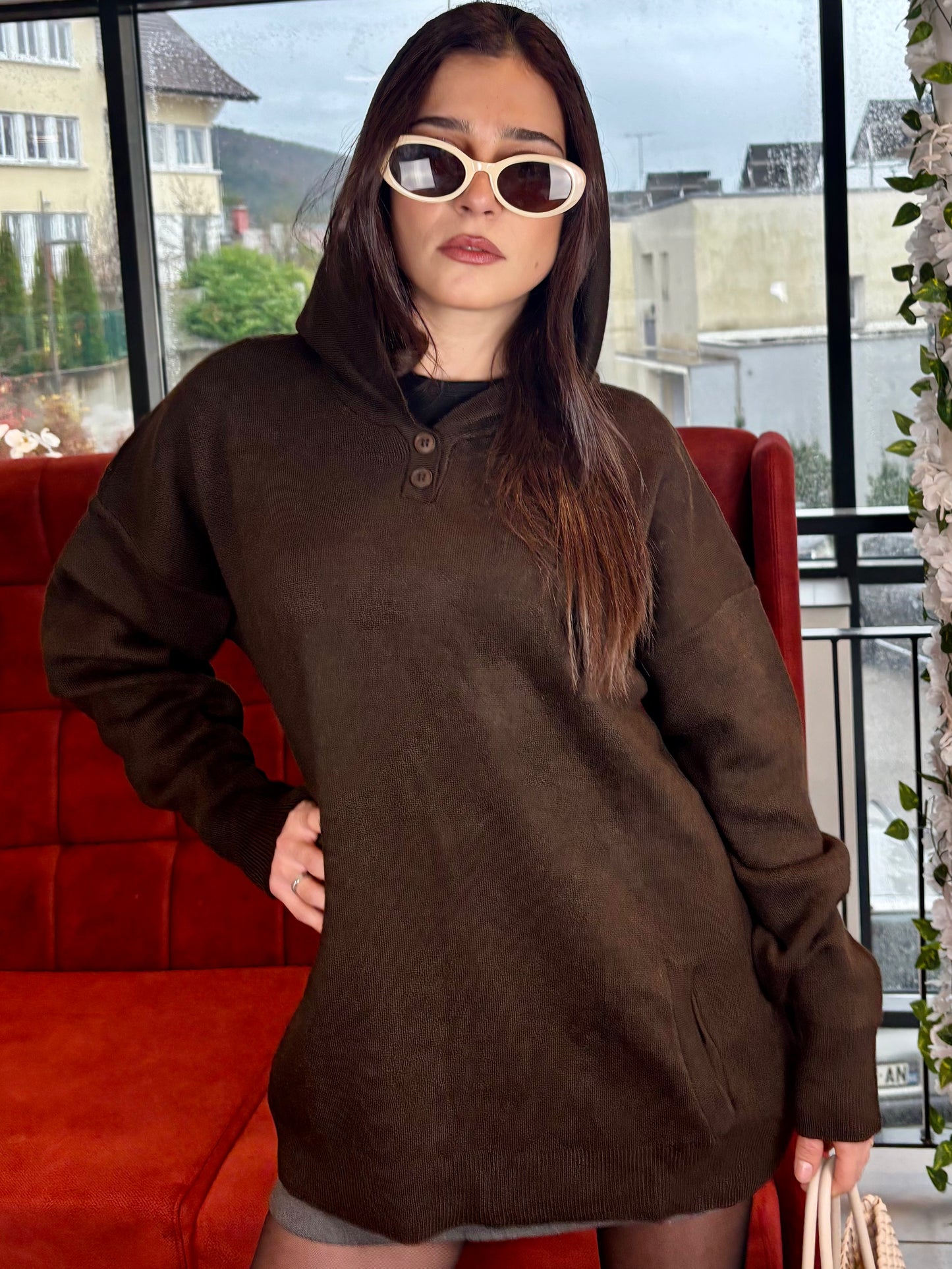 Pull Long à Capuche Marron