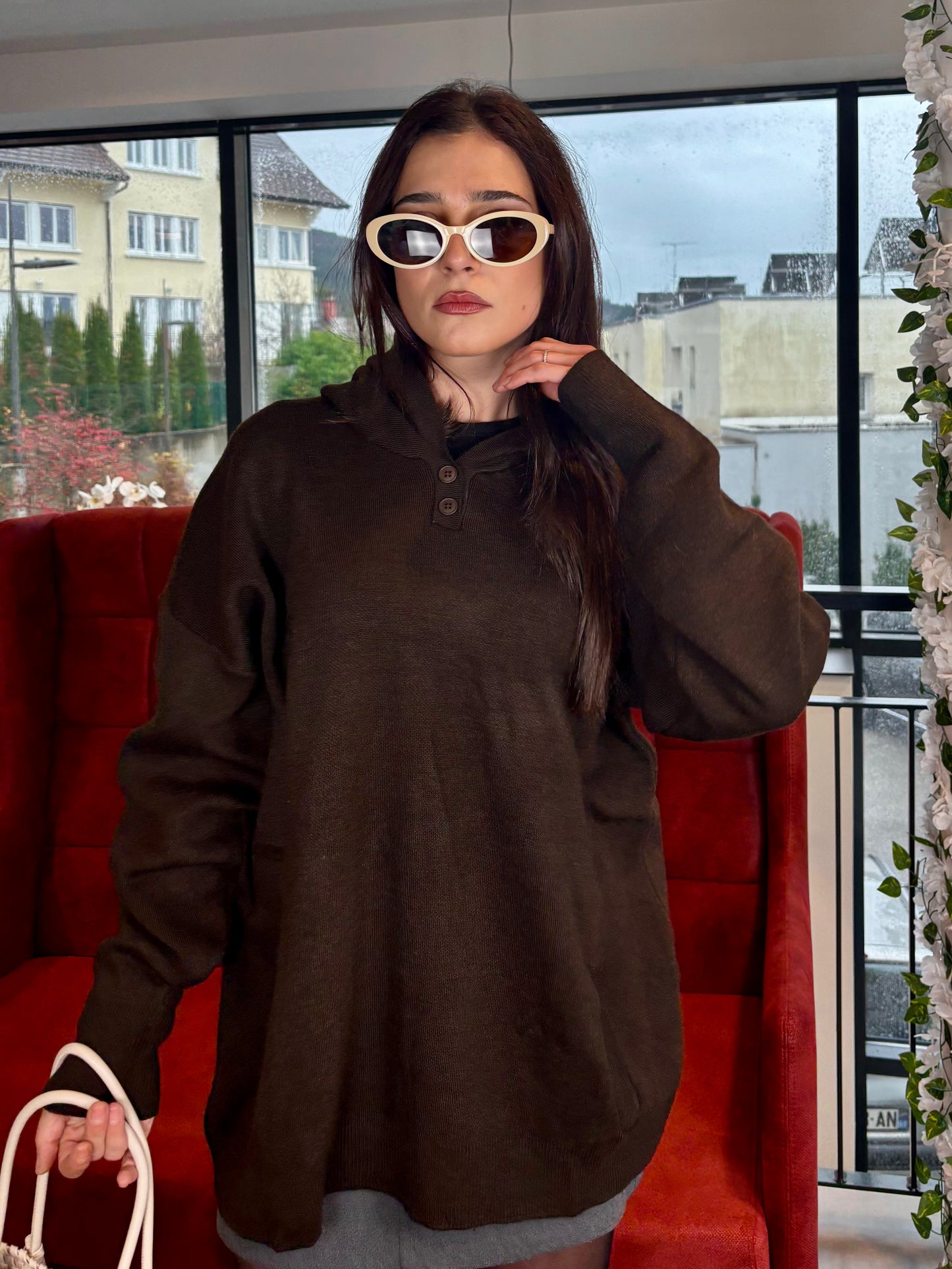 Pull Long à Capuche Marron