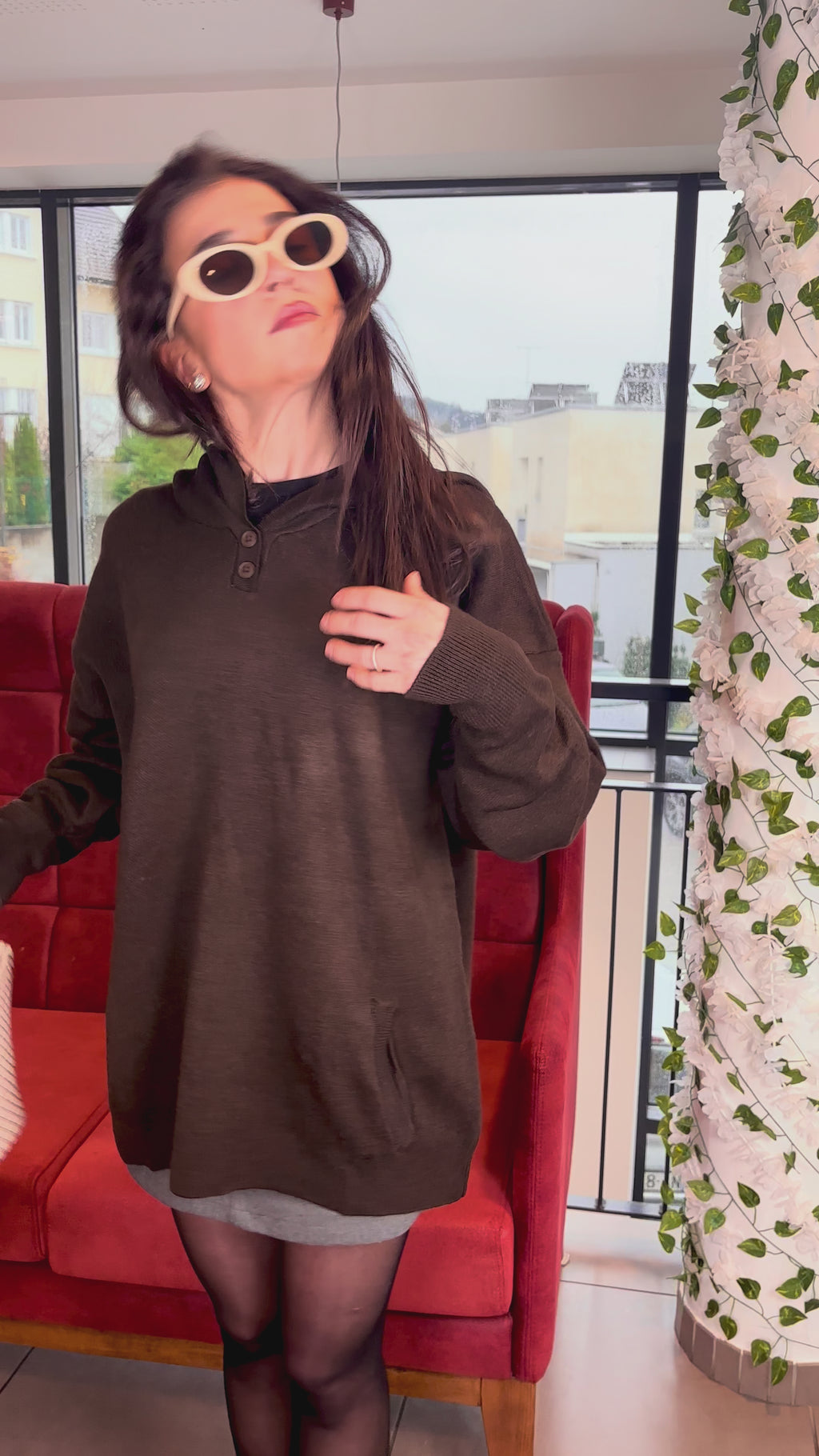 Pull Long à Capuche Marron
